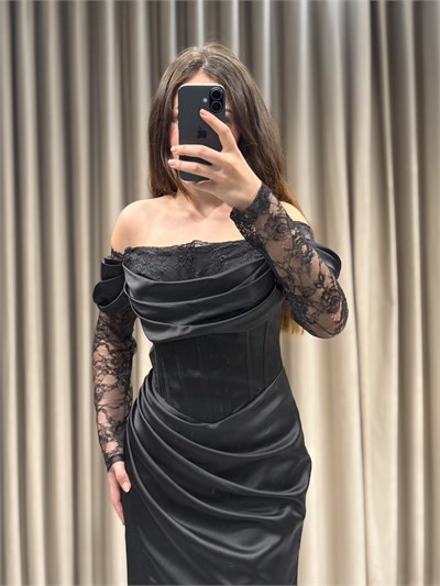 Siyah Dantel Kol Balık Model Abiye Elbise | Kaleiçi Yıldızlar