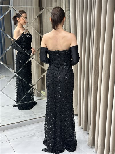 Siyah Göğüs Taş İşlemeli Korse Detay Balık Model Abiye Elbise | Kaleiçi Yıldızlar