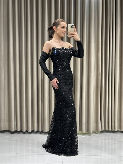 Siyah Göğüs Taş İşlemeli Korse Detay Balık Model Abiye Elbise | Kaleiçi Yıldızlar