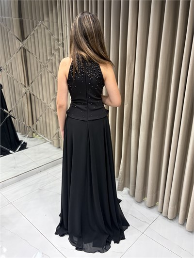 Siyah Halter Yaka İnci İşlemeli Balık Model Abiye Elbise | Kaleiçi Yıldızlar