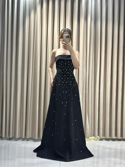 Siyah Straplez Damla Taş Model Çan Model Abiye Elbise | Kaleiçi Yıldızlar