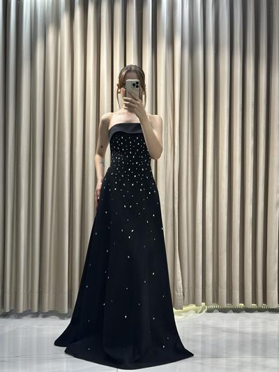 Siyah Straplez Damla Taş Model Çan Model Abiye Elbise | Kaleiçi Yıldızlar