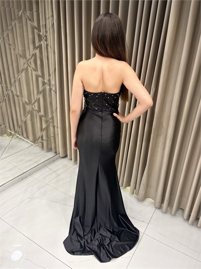 Siyah Straplez Taş İnci İşlemeli Saten Balık Model Abiye Elbise | Kaleiçi Yıldızlar