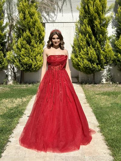Kırmızı Straplez Tül Etek Uzun Abiye Elbise | Kaleiçi Yıldızlar