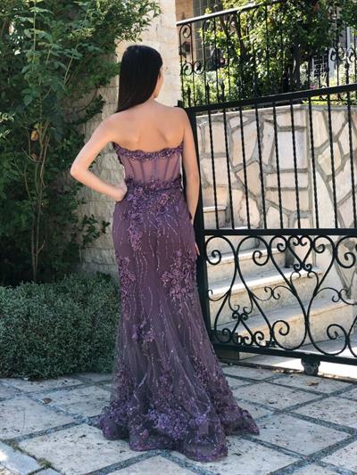 Lavanta Straplez Üç Boyut Çicek Desenli Beli Transparan Abiye Elbise | Kaleiçi Yıldızlar
