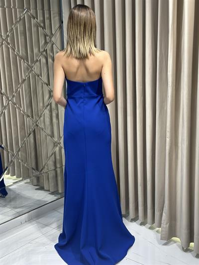 Saks Taş İşlemeli Dik Yaka Abiye Elbise | Kaleiçi Yıldızlar