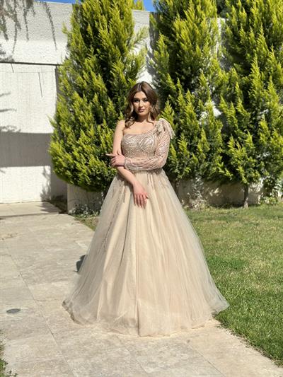 Bakır Tek Omuz Uzun Kol Tül Etek Abiye Elbise | Kaleiçi Yıldızlar