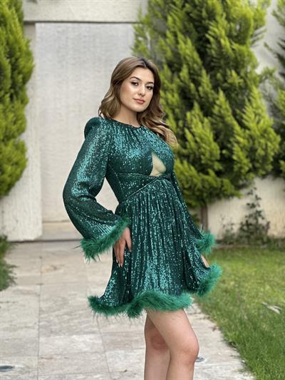Zümrüt Yeşili Uzun Kol Pul Payetli Oltrişli Mini Abiye Elbise | Kaleiçi Yıldızlar