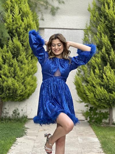 Saks Uzun Kol Pul Payetli Oltrişli Mini Abiye Elbise | Kaleiçi Yıldızlar