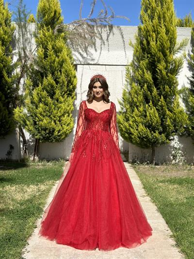 Kırmızı Uzun Kollu Tül Kollu Öpücük Yaka Abiye Elbise | Kaleiçi Yıldızlar