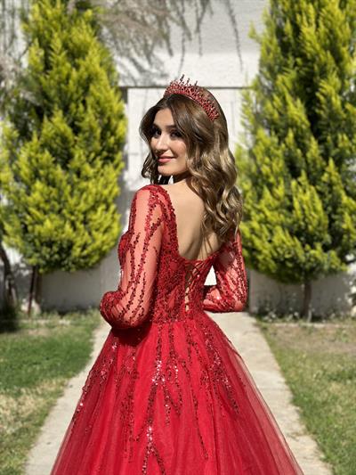 Kırmızı Uzun Kollu Tül Kollu Öpücük Yaka Abiye Elbise | Kaleiçi Yıldızlar