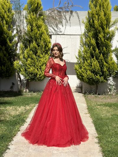 Kırmızı Uzun Kollu Tül Kollu Öpücük Yaka Abiye Elbise | Kaleiçi Yıldızlar