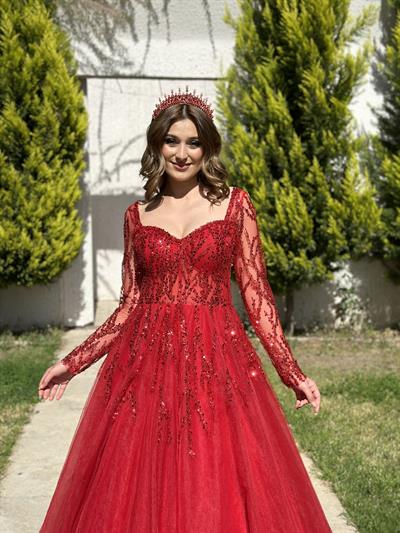 Kırmızı Uzun Kollu Tül Kollu Öpücük Yaka Abiye Elbise | Kaleiçi Yıldızlar