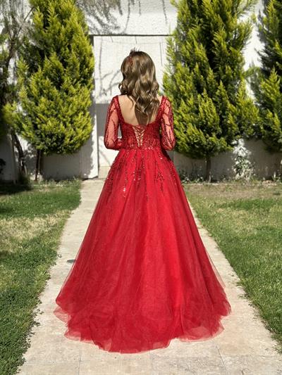 Kırmızı Uzun Kollu Tül Kollu Öpücük Yaka Abiye Elbise | Kaleiçi Yıldızlar