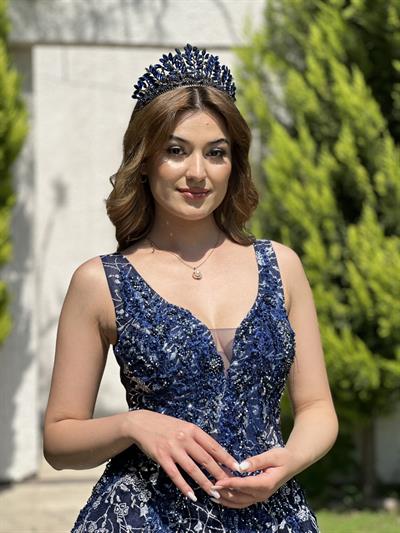 Lacivert V Yaka Prenses Sim Taş İşlemeli Tül Kalın Askılı Abiye Elbise | Kaleiçi Yıldızlar