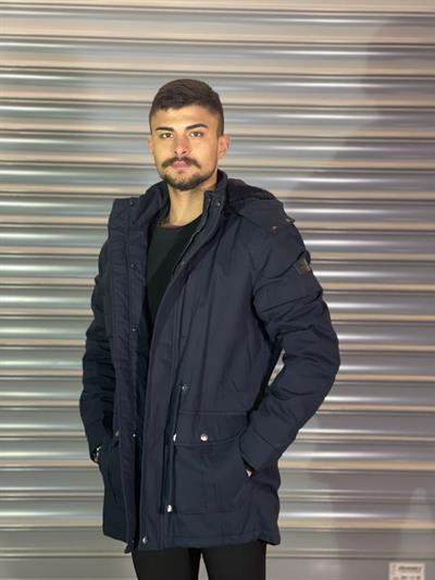 Lacivert Erkek Yıkamalı Dik Yaka Kapşponlu İçi Kürklü Kaban Abiye Elbise | Kaleiçi Yıldızlar