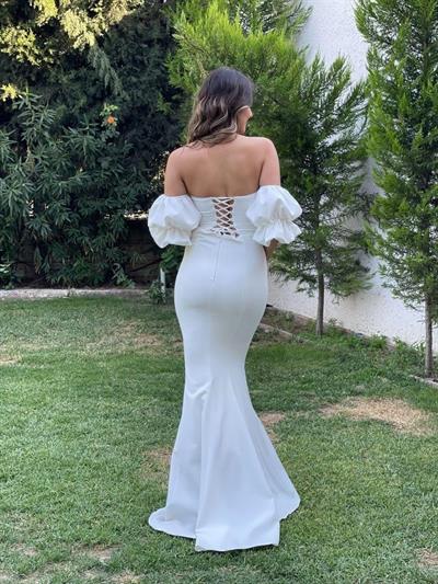 Beyaz İp Askılı Balon Kol Arkası Brit Bağlamalı Krep Balık Abiye Elbise | Kaleiçi Yıldızlar