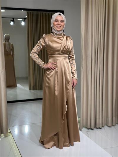 Gold Tesettür Gece Şık Elbise Abiye Elbise | Kaleiçi Yıldızlar