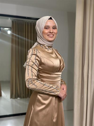 Gold Tesettür Gece Şık Elbise Abiye Elbise | Kaleiçi Yıldızlar