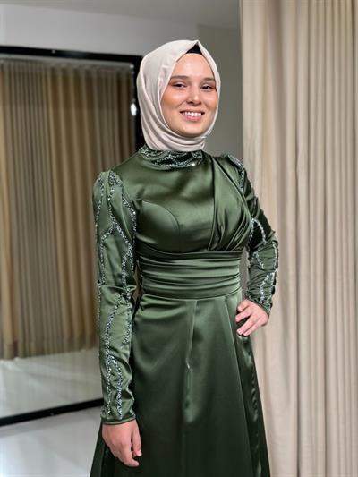 Yeşil Tesettür Gece Şık Elbise Abiye Elbise | Kaleiçi Yıldızlar
