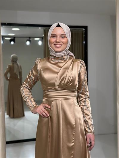 Gold Tesettür Gece Şık Elbise Abiye Elbise | Kaleiçi Yıldızlar