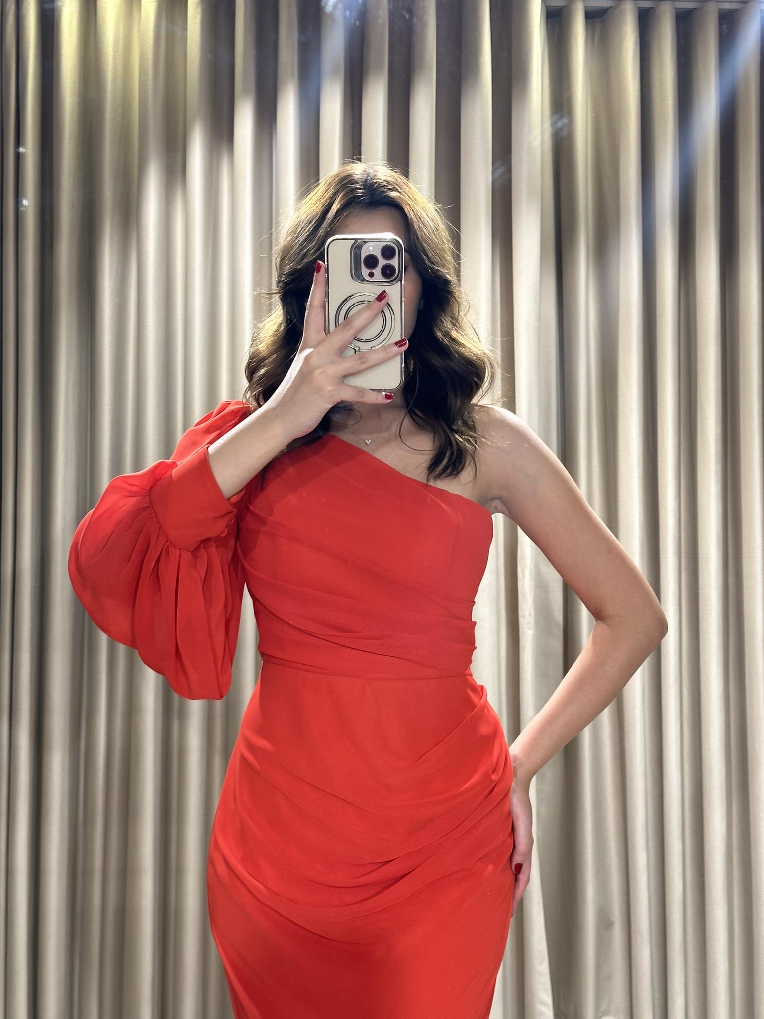 Turuncu Tek Omuz Tek Uzun Kollu Önü Drapeli Uzun Abiye Elbise GS7600