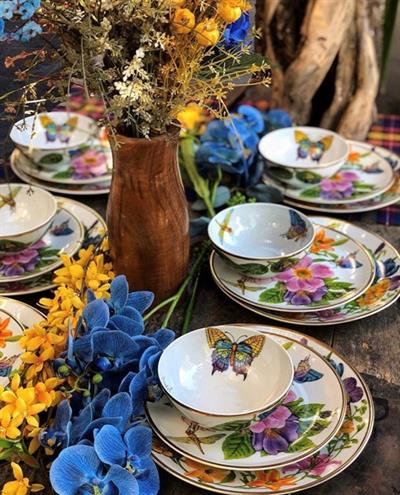 Flora 6 Kişilik 18 Parça New Bone China Porselen Yemek Takımı Çiçek ve Kelebek Desenli 