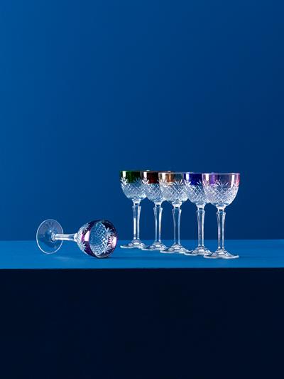 Renkli Bantlı Kristal Şampanya Kadehi Seti – 6lı Coupe Yıldız Kesim