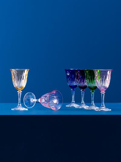 Renkli Kristal Şarap Kadehi Seti – 6lı Alev Kesim Geniş Ağızlı