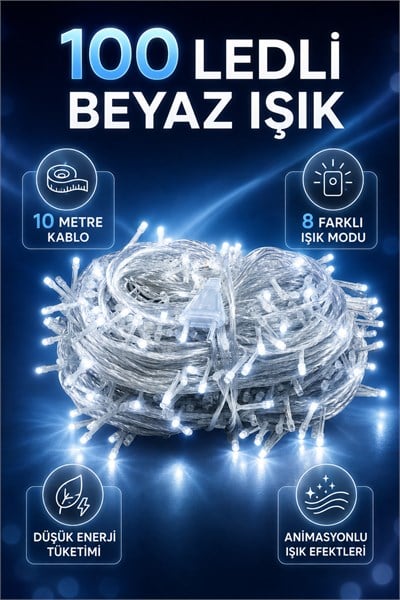 100 LED Beyaz Yılbaşı Işığı 10 Metre 8 Modlu Animasyonlu Eklenebilir Dekoratif Aydınlatma Işık Seti