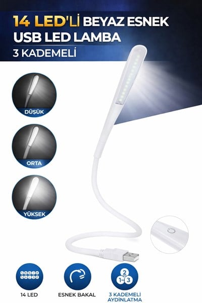 14 Led USB Lamba Esnek 3 Kademeli Masa Lambası Bilgisayar Laptop Klavye Aydınlatma Beyaz