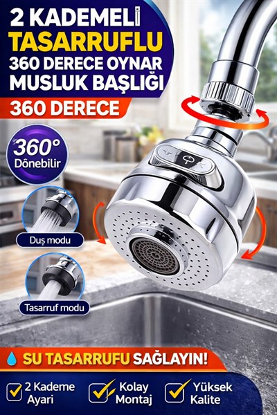2 Kademeli Musluk Başlığı 360° Döner Tasarruflu Perlatör Su Tasarruf Aparatı Krom Uyumlu