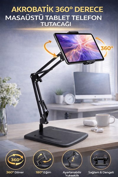 360° Akrobatik Telefon Tablet Tutucu Masaüstü Stand Ayarlanabilir Katlanır Güçlü Klips Siyah