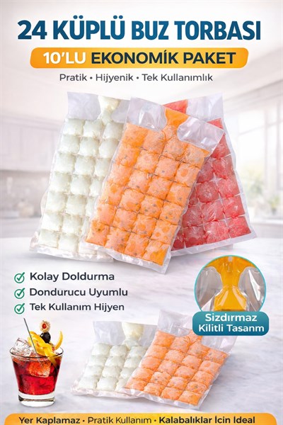 Buz Küpü Torbası 24 Küplü 10lu Paket Pratik Buz Yapma Poşeti Şeffaf Dondurucu Buzluk