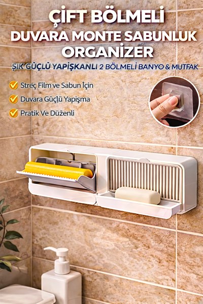 Çift Bölmeli Sabunluk Duvara Monte Yapışkanlı Kapaklı Banyo Mutfak Sabun Kutusu Raf