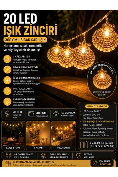 Deniz Kabuğu LED Işık Zinciri 300 CM 20 LED Sıcak Sarı Işık Dekoratif Ortam Aydınlatması