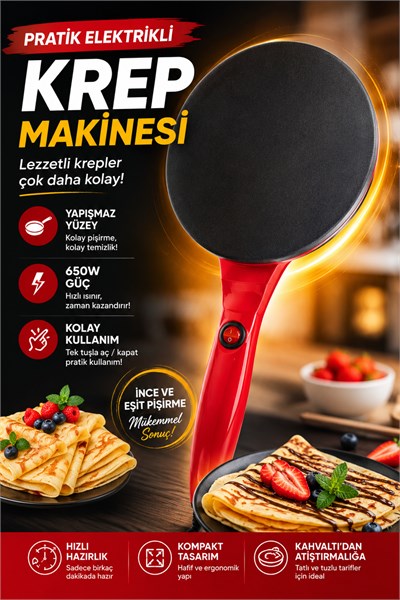 Elektrikli Krep Tavası 650 Watt 20 cm Yapışmaz Yüzey Pankek Gözleme Tortilla Makinesi Kolay Hızlı Yapım