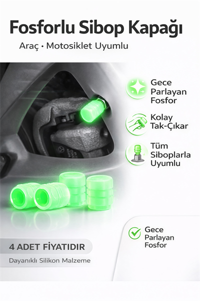 Fosforlu Araç Motosiklet Lastik Sibop Kapağı Gece Parlayan Silikon 4 Adet Universal Sibop Kapağı