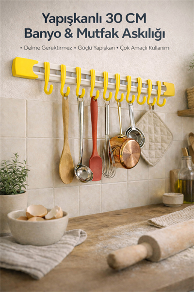 Güçlü Yapışkanlı 30 Cm Duvar Askılığı – Delme Gerektirmeyen Banyo & Mutfak Organizer