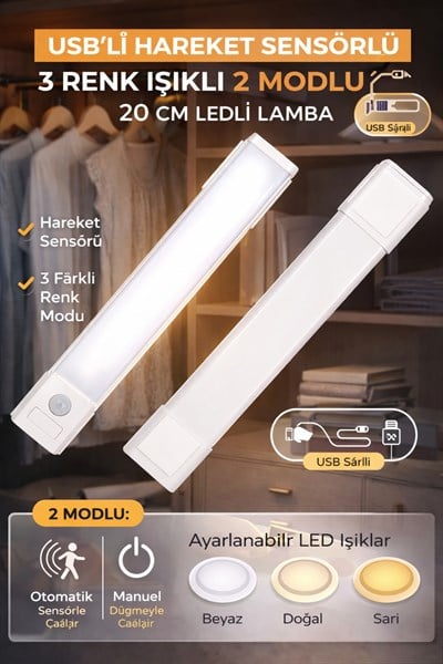 Hareket Sensörlü LED Lamba 20cm USB Şarjlı 3 Renk Işık Dolap Mutfak Tezgah Altı Aydınlatma 1ADET