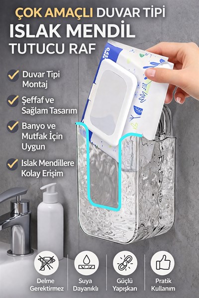 Islak Mendil Tutucu Raf Duvar Tipi Banyo Organizer Yapışkanlı Şeffaf Pratik Mendil Rafı