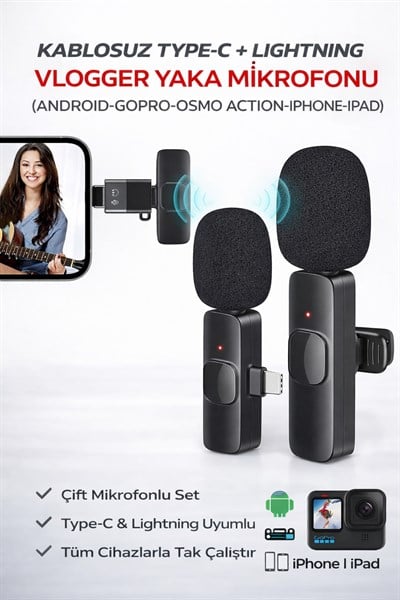 Kablosuz Yaka Mikrofonu Type-C Lightning Uyumlu Vlogger Mikrofon iPhone Android Uyumlu Set
