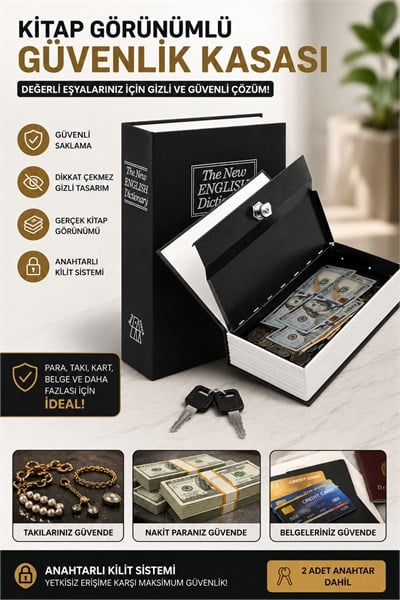 Kitap Görünümlü Metal Kasa Kumbara Gizli Para Biriktirme ve Değerli Eşya Saklama Kutusu 180X115X55MM