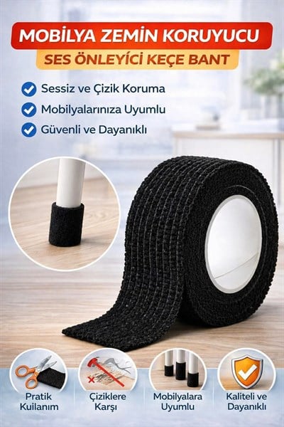Mobilya Zemin Koruyucu Keçe Bant Ses Önleyici Kaymaz Sandalye Ayağı Sessiz Koruma Aparatı Siyah
