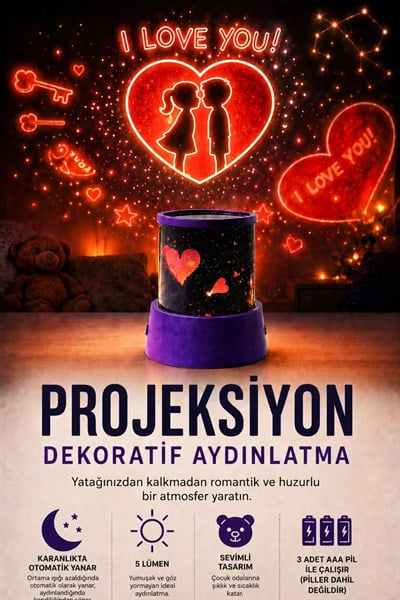 Projeksiyon Dekoratif Aydınlatma Kalp Yıldız I Love You Temalı 3D Yansıtma Gece Lambası 2 Modlu
