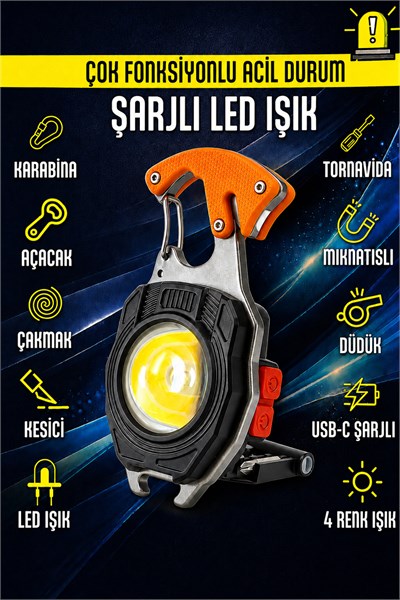 Şarjlı LED Anahtarlık 500 Lümen 7 Modlu Mıknatıslı Çok Fonksiyonlu Çakmaklı Mini El Feneri Cep Tipi 10 IN 1