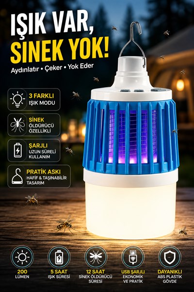 Şarjlı USB'li Sinek Öldürücü Kamp Feneri 3 Modlu LED Kamp Lambası Taşınabilir Acil Aydınlatma