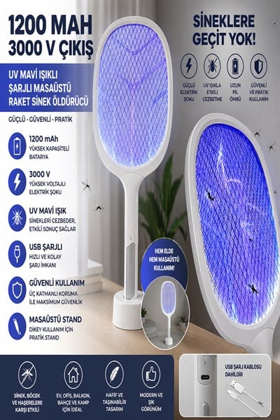 Şarjlı UV Mavi Işıklı Sinek Öldürücü Raket 3000V Güçlü Masaüstü & Elde Kullanım 1200mAh
