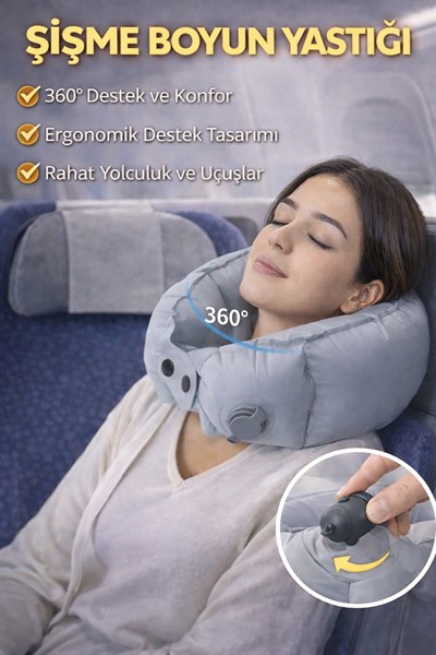Şişme Boyun Yastığı Seyahat Uçağı Arabada Ergonomik Destekli Katlanabilir Taşınabilir Yastık