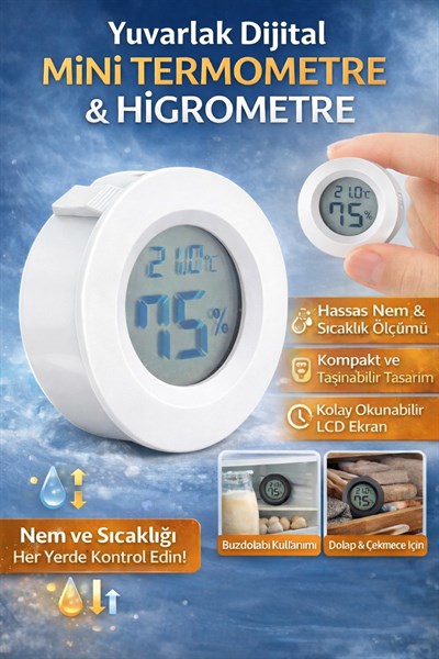Yuvarlak Dijital Mini Termometre ve Higrometre (Nem Ölçer) – LCD Ekranlı Ortam Sıcaklık & Nem Ölçüm